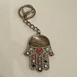 Moroccan Style Hand Keychain Key Ring Silver Tone Multi-Color Beads